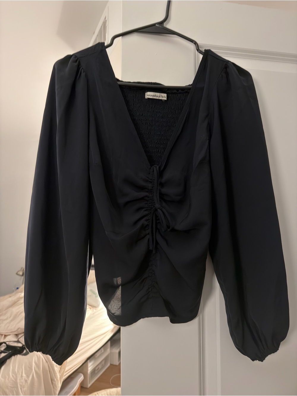Abercrombie & Fitch Black Ruched V-Neck Puff Sleeve Blouse
